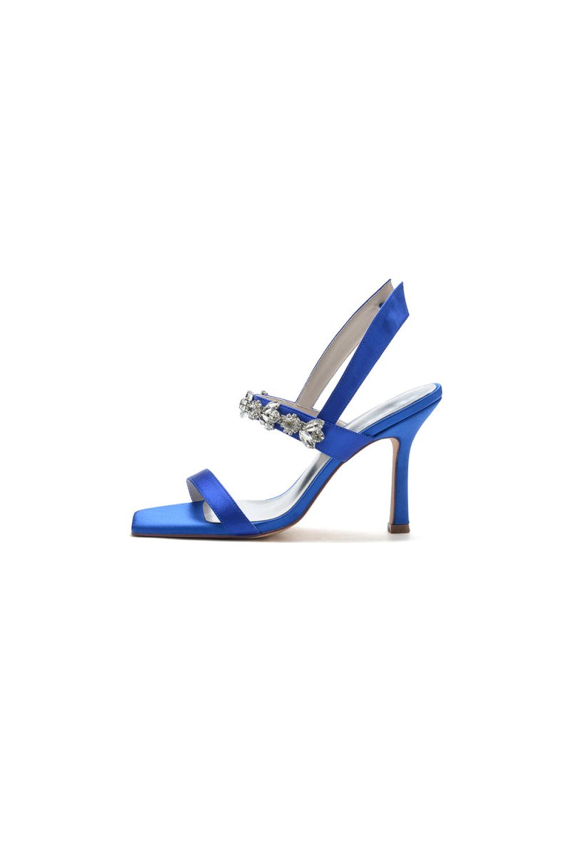 Unique Square Open Toe Crystal Strap Chunky Heels - KissProm