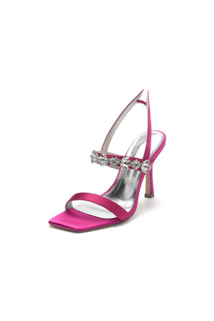Unique Square Open Toe Crystal Strap Chunky Heels - KissProm
