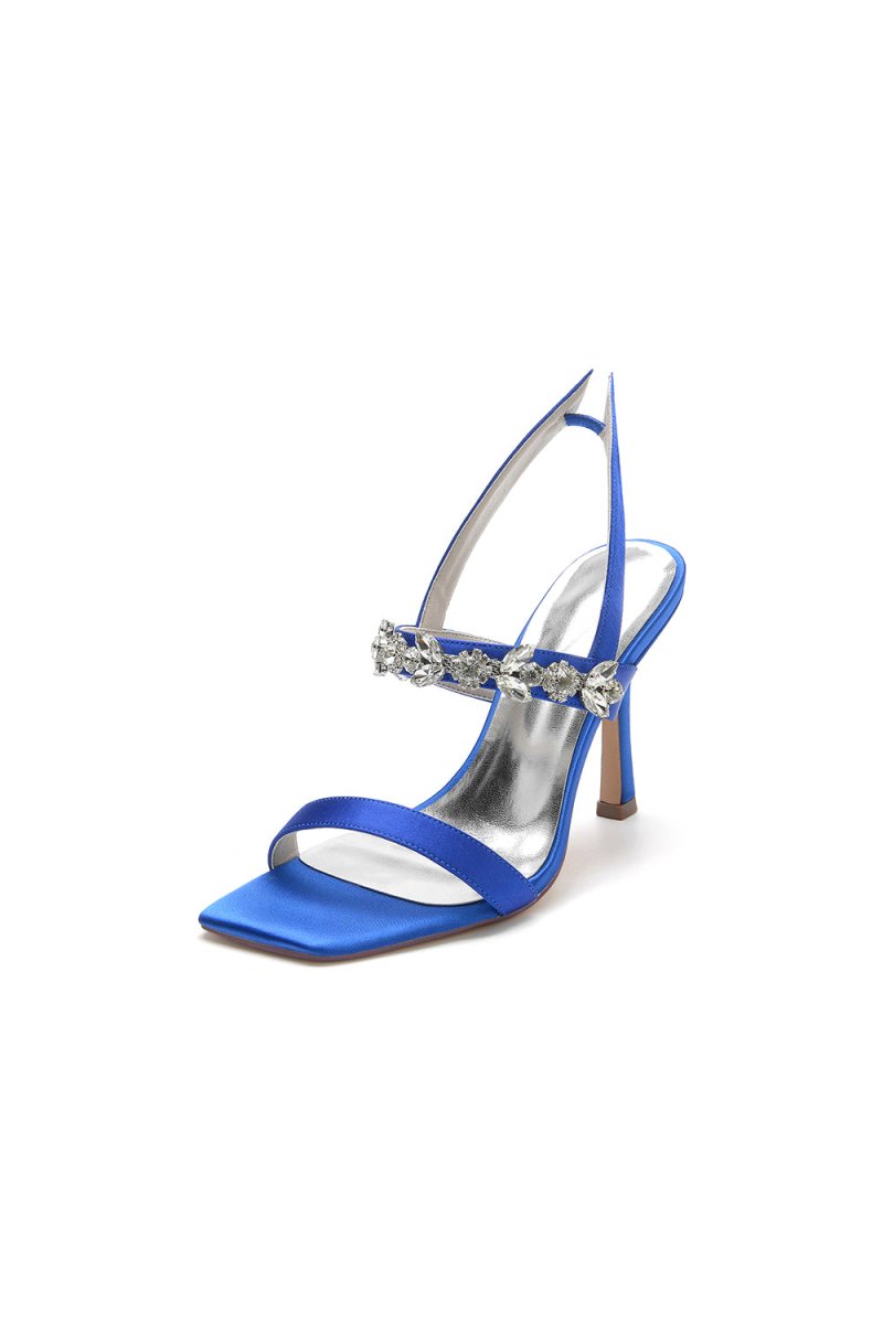 Unique Square Open Toe Crystal Strap Chunky Heels - KissProm