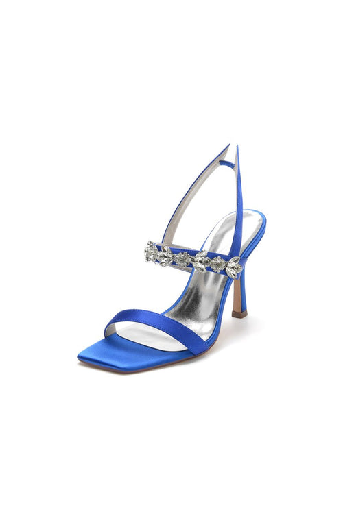 Unique Square Open Toe Crystal Strap Chunky Heels - KissProm