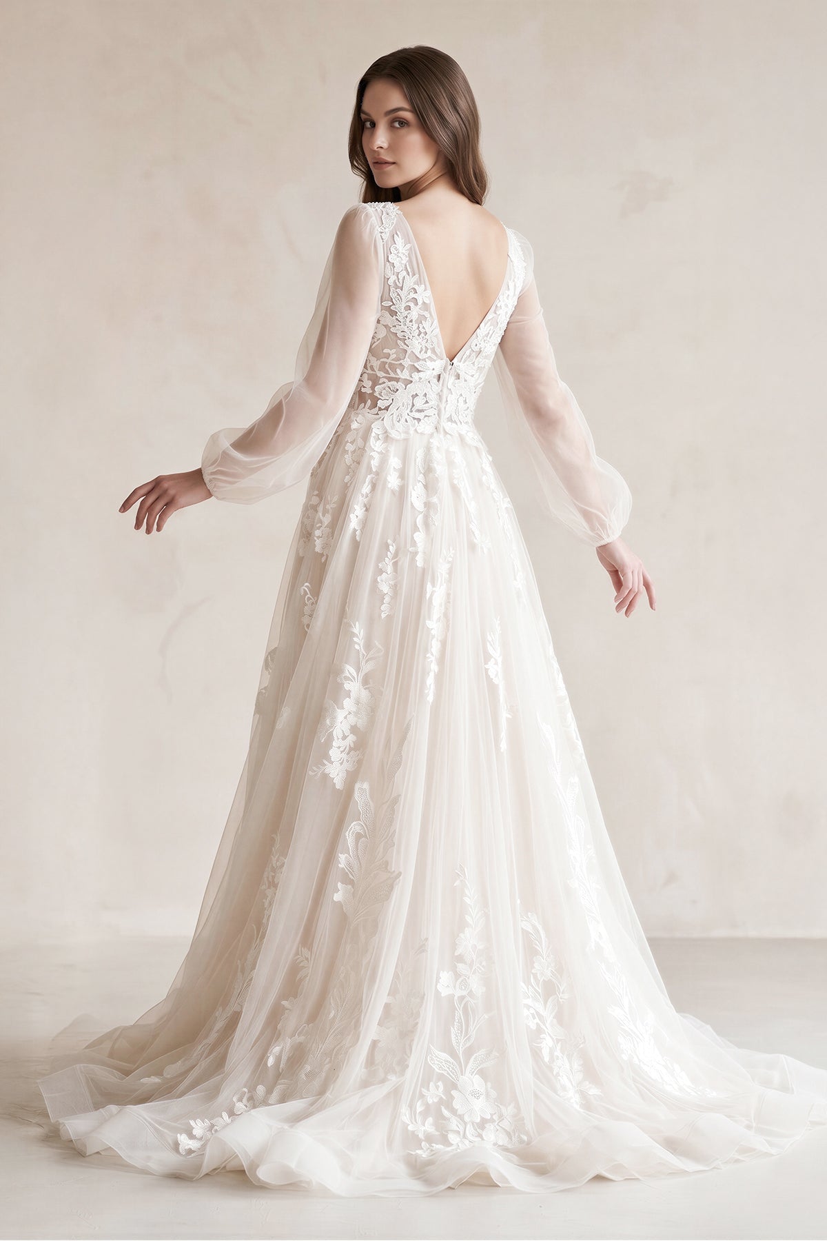 Long Bohemian Wedding Dresses Illusion Sleeves V Neck Back, Diamond White / 18 Long Bohemian Wedding Dresses Illusion Sleeves V Neck Back, Diamond White / 18