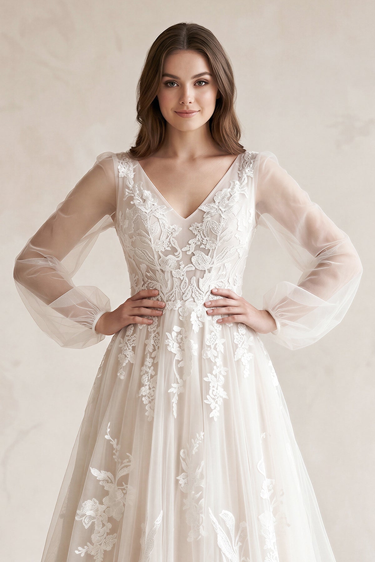 Long Bohemian Wedding Dresses Illusion Sleeves V Neck Back