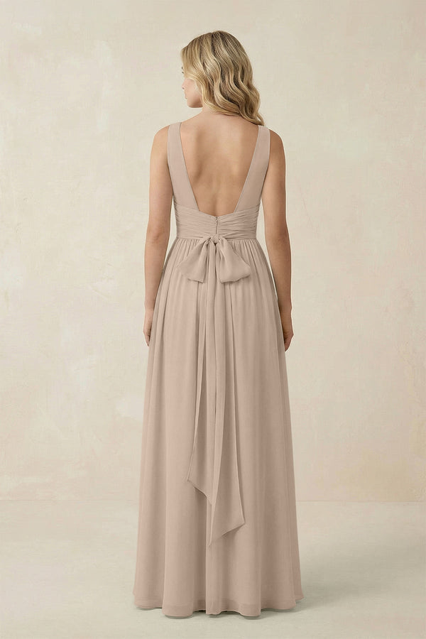 V - Neck A - Line Bridesmaid Dress with Back Bow in Almond - KissProm Bridesmaid Dresses