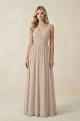 V - Neck A - Line Bridesmaid Dress with Back Bow in Almond - KissProm Bridesmaid Dresses