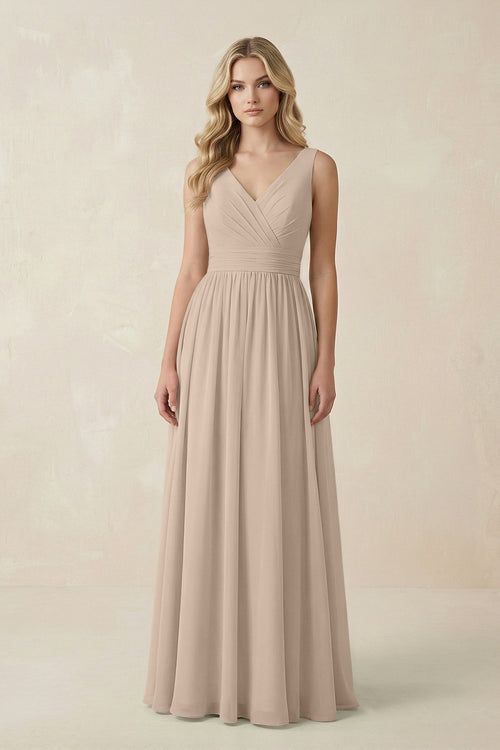 V - Neck A - Line Bridesmaid Dress with Back Bow in Almond - KissProm Bridesmaid Dresses