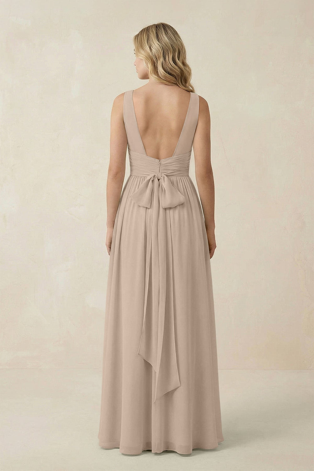 V - Neck A - Line Bridesmaid Dress with Back Bow in Almond - KissProm Bridesmaid Dresses