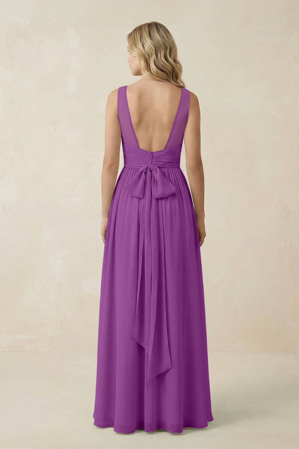 V - Neck A - Line Bridesmaid Dress with Back Bow in Amethyst - KissProm Bridesmaid Dresses