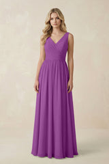 V - Neck A - Line Bridesmaid Dress with Back Bow in Amethyst - KissProm Bridesmaid Dresses