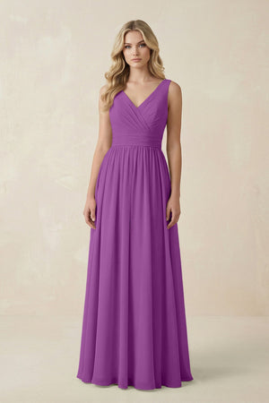 V - Neck A - Line Bridesmaid Dress with Back Bow in Amethyst - KissProm Bridesmaid Dresses