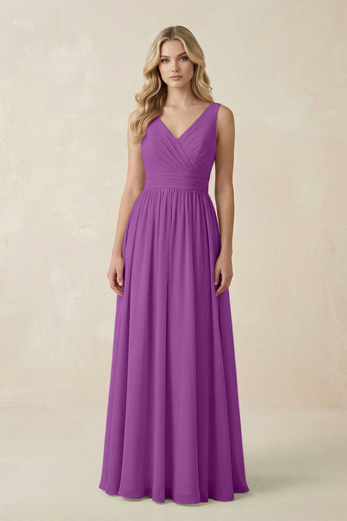 V - Neck A - Line Bridesmaid Dress with Back Bow in Amethyst - KissProm Bridesmaid Dresses