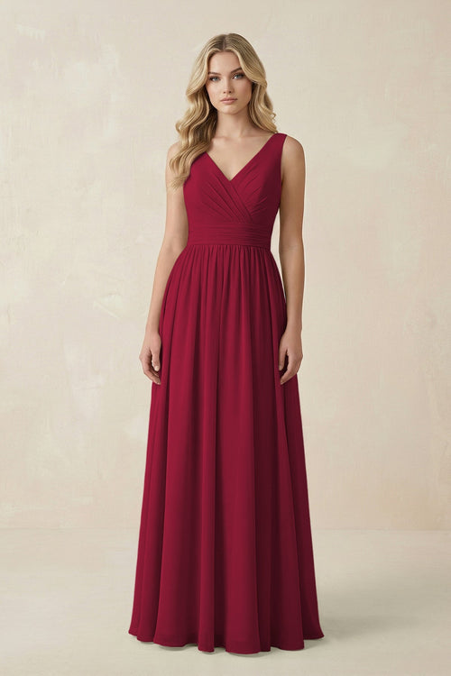 V - Neck A - Line Bridesmaid Dress with Back Bow in Berry - KissProm Bridesmaid Dresses