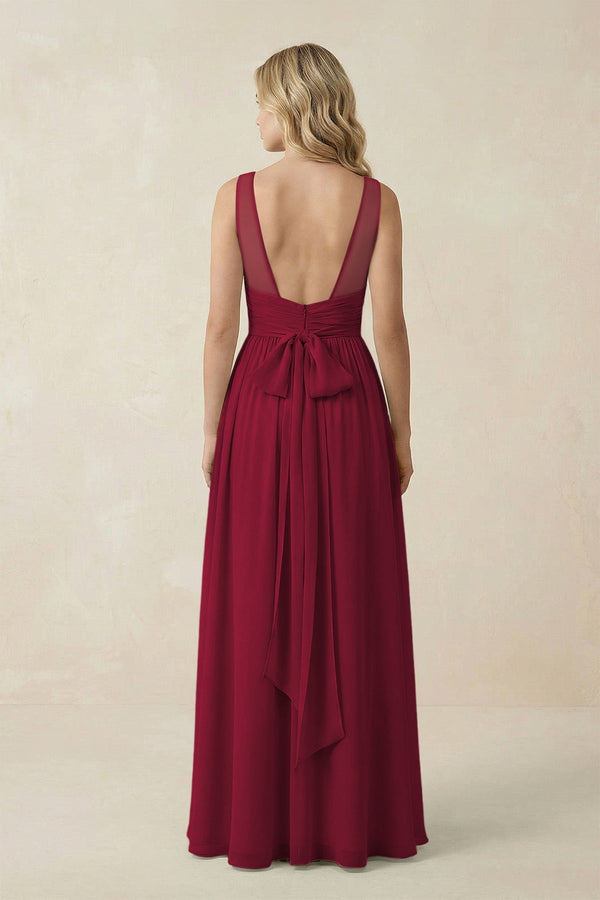KissProm | V-Neck A-Line Bridesmaid Dress with Back Bow in Berry