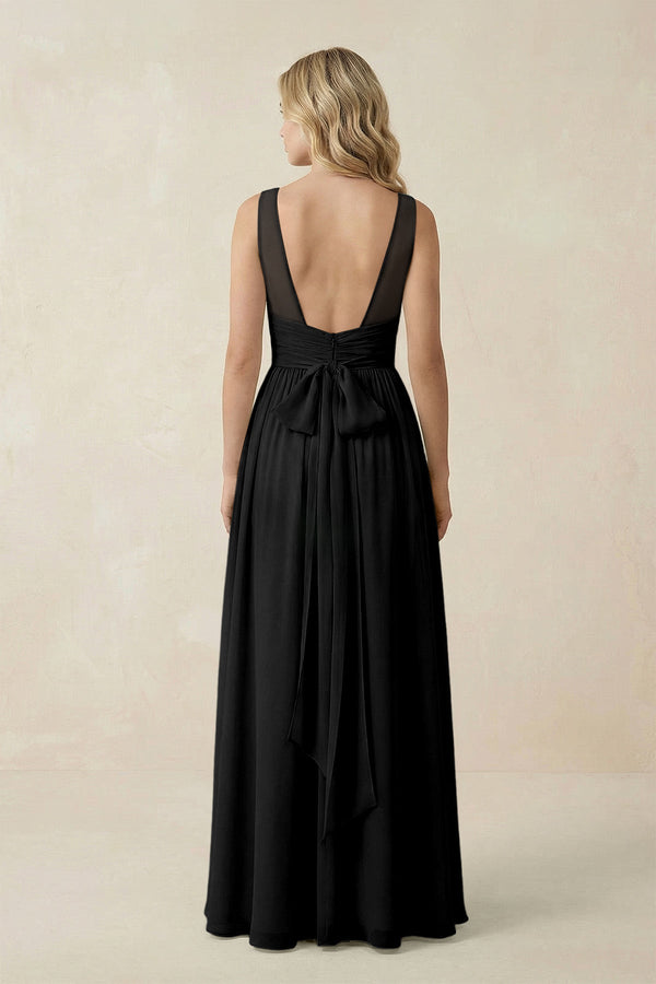 V - Neck A - Line Bridesmaid Dress with Back Bow in Black - KissProm Bridesmaid Dresses