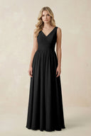 V - Neck A - Line Bridesmaid Dress with Back Bow in Black - KissProm Bridesmaid Dresses