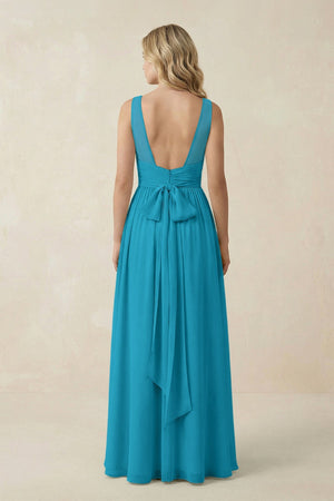 V - Neck A - Line Bridesmaid Dress with Back Bow in Blue Jay - KissProm Bridesmaid Dresses