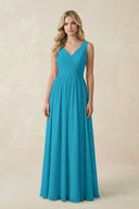 V - Neck A - Line Bridesmaid Dress with Back Bow in Blue Jay - KissProm Bridesmaid Dresses