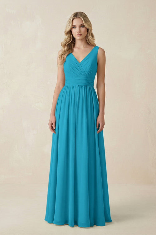 V - Neck A - Line Bridesmaid Dress with Back Bow in Blue Jay - KissProm Bridesmaid Dresses