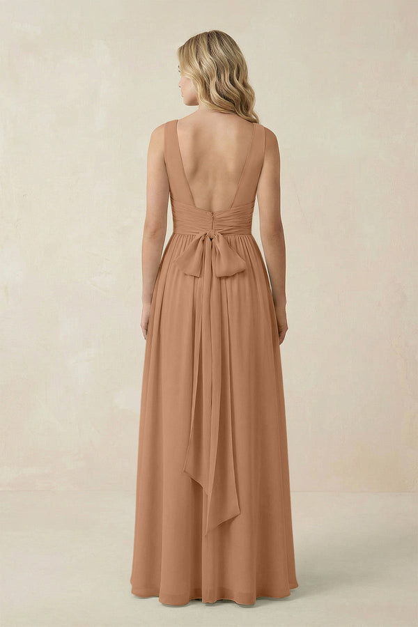 V - Neck A - Line Bridesmaid Dress with Back Bow in Bronzer - KissProm Bridesmaid Dresses