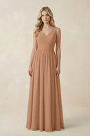 V - Neck A - Line Bridesmaid Dress with Back Bow in Bronzer - KissProm Bridesmaid Dresses