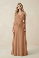 V - Neck A - Line Bridesmaid Dress with Back Bow in Bronzer - KissProm Bridesmaid Dresses