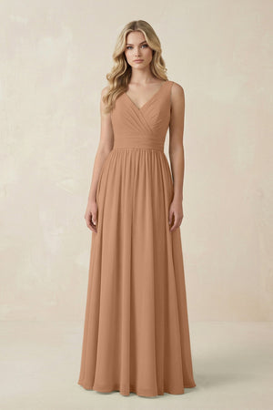V - Neck A - Line Bridesmaid Dress with Back Bow in Bronzer - KissProm Bridesmaid Dresses