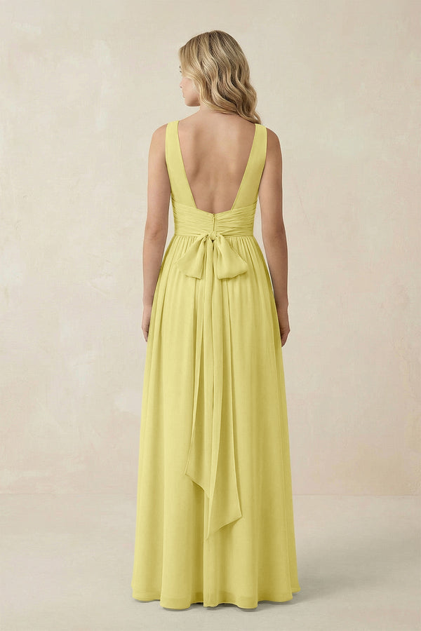 V - Neck A - Line Bridesmaid Dress with Back Bow in Buttercup - KissProm Bridesmaid Dresses