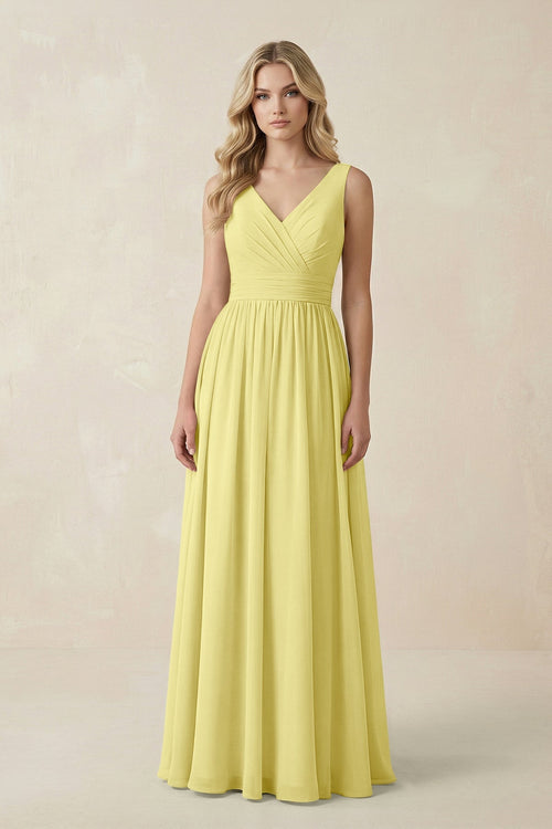 V - Neck A - Line Bridesmaid Dress with Back Bow in Buttercup - KissProm Bridesmaid Dresses