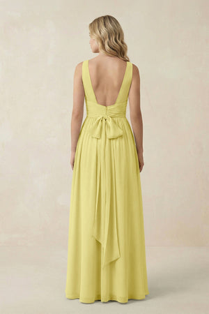 V - Neck A - Line Bridesmaid Dress with Back Bow in Buttercup - KissProm Bridesmaid Dresses