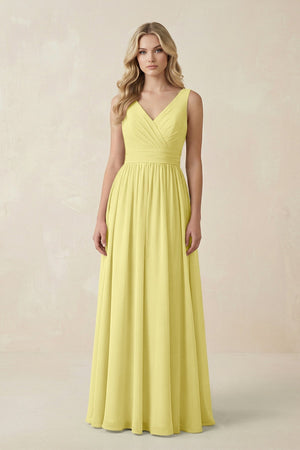 V - Neck A - Line Bridesmaid Dress with Back Bow in Buttercup - KissProm Bridesmaid Dresses