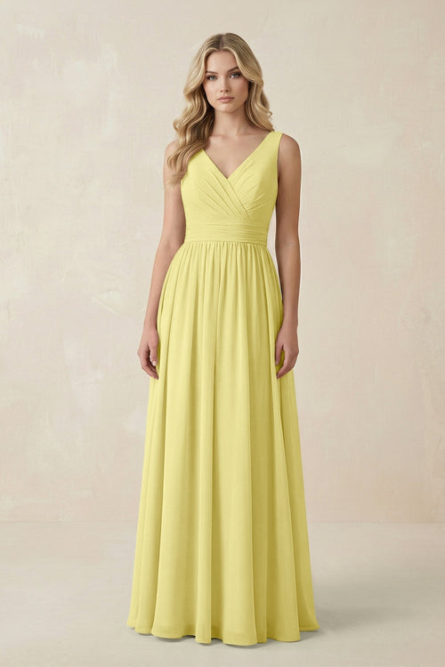 V - Neck A - Line Bridesmaid Dress with Back Bow in Buttercup - KissProm Bridesmaid Dresses