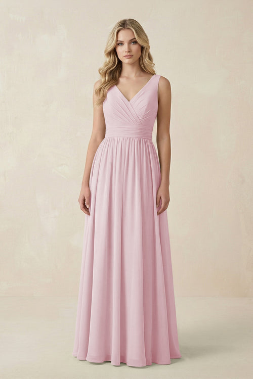 V - Neck A - Line Bridesmaid Dress with Back Bow in Candy Pink - KissProm Bridesmaid Dresses