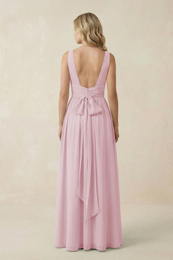 V - Neck A - Line Bridesmaid Dress with Back Bow in Candy Pink - KissProm Bridesmaid Dresses