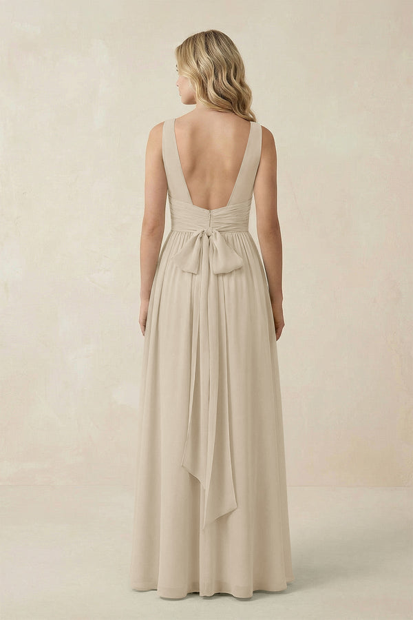 V - Neck A - Line Bridesmaid Dress with Back Bow in Champagne - KissProm Bridesmaid Dresses