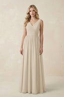 V - Neck A - Line Bridesmaid Dress with Back Bow in Champagne - KissProm Bridesmaid Dresses
