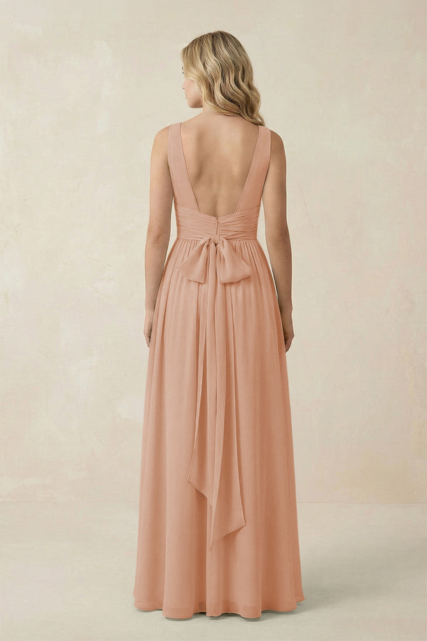 V - Neck A - Line Bridesmaid Dress with Back Bow in Champagne Rose - KissProm Bridesmaid Dresses