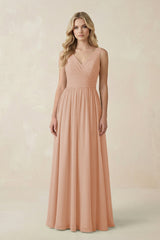 V - Neck A - Line Bridesmaid Dress with Back Bow in Champagne Rose - KissProm Bridesmaid Dresses