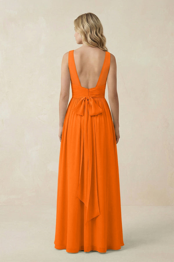 V - Neck A - Line Bridesmaid Dress with Back Bow in Cinnamon - KissProm Bridesmaid Dresses