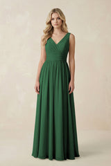 V - Neck A - Line Bridesmaid Dress with Back Bow in Dark Green - KissProm Bridesmaid Dresses