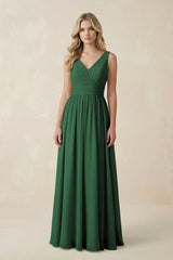 V - Neck A - Line Bridesmaid Dress with Back Bow in Dark Green - KissProm Bridesmaid Dresses