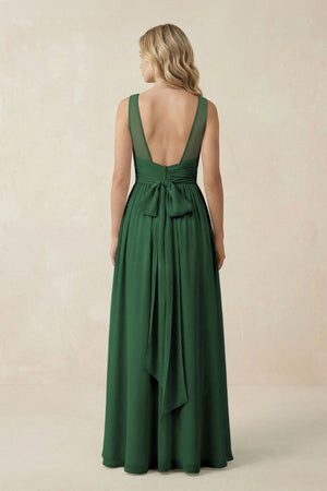 V - Neck A - Line Bridesmaid Dress with Back Bow in Dark Green - KissProm Bridesmaid Dresses