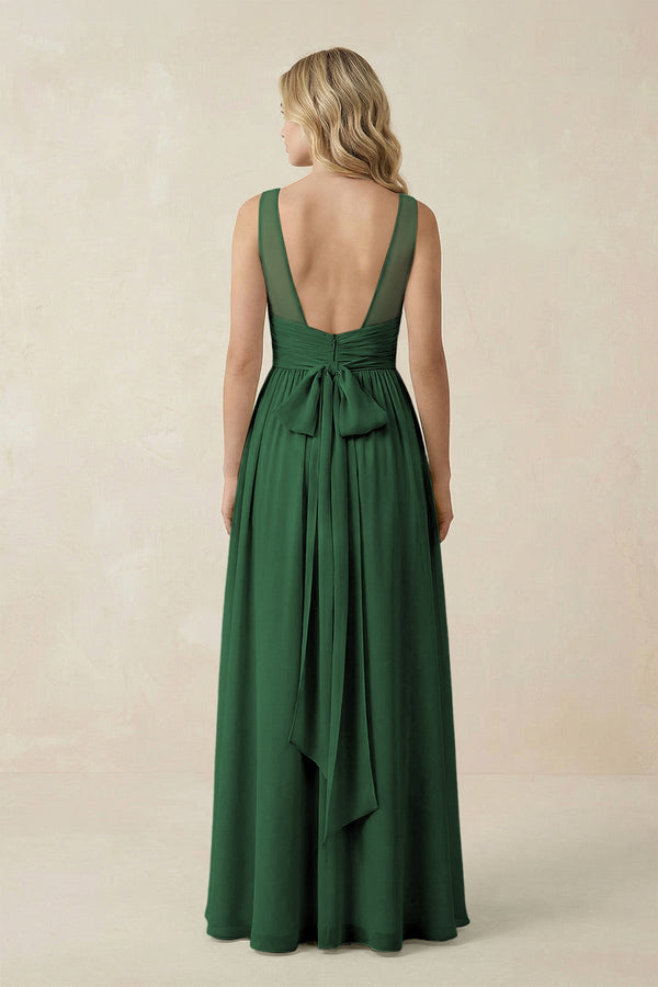 V - Neck A - Line Bridesmaid Dress with Back Bow in Dark Green - KissProm Bridesmaid Dresses