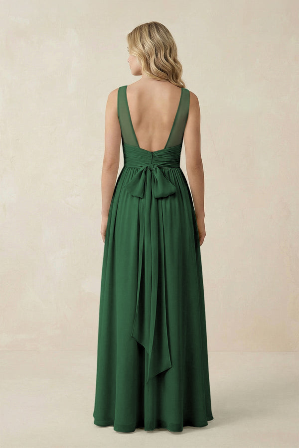 V - Neck A - Line Bridesmaid Dress with Back Bow in Dark Green - KissProm Bridesmaid Dresses