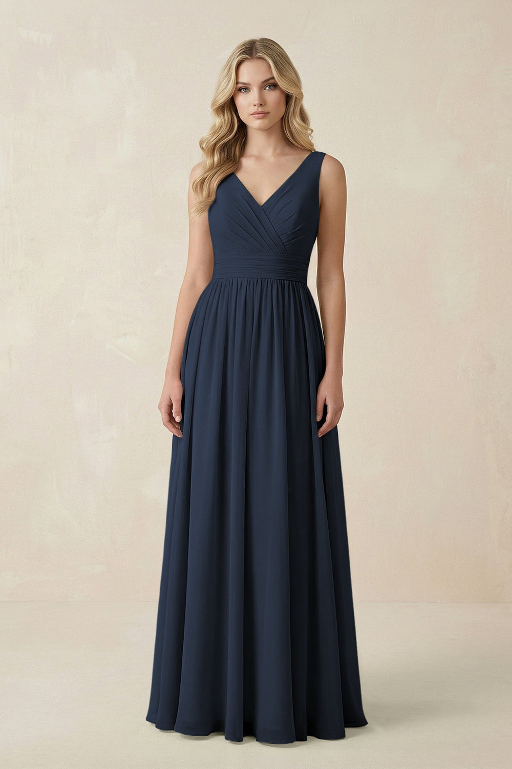 V - Neck A - Line Bridesmaid Dress with Back Bow in Dark Navy - KissProm Bridesmaid Dresses
