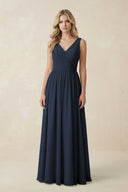 V - Neck A - Line Bridesmaid Dress with Back Bow in Dark Navy - KissProm Bridesmaid Dresses