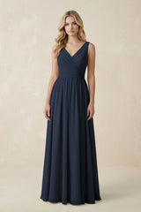 V - Neck A - Line Bridesmaid Dress with Back Bow in Dark Navy - KissProm Bridesmaid Dresses