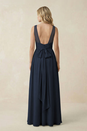 V - Neck A - Line Bridesmaid Dress with Back Bow in Dark Navy - KissProm Bridesmaid Dresses