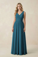 V - Neck A - Line Bridesmaid Dress with Back Bow in Dark Teal - KissProm Bridesmaid Dresses