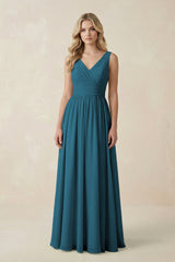 V - Neck A - Line Bridesmaid Dress with Back Bow in Dark Teal - KissProm Bridesmaid Dresses