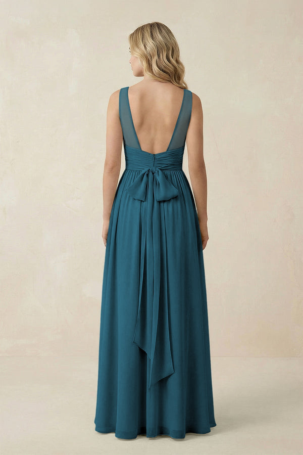 V - Neck A - Line Bridesmaid Dress with Back Bow in Dark Teal - KissProm Bridesmaid Dresses