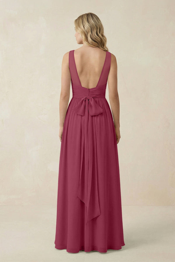 V - Neck A - Line Bridesmaid Dress with Back Bow in Desert Rose - KissProm Bridesmaid Dresses